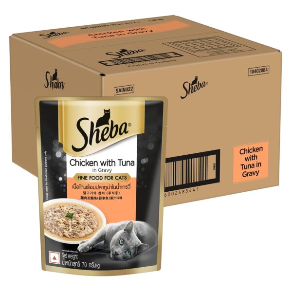 Sheba Fine Premium Adult (1+ Years) Wet Cat Food, Chicken Sheba Fine Premium Adult (1+ Years) Wet Cat Food, Chicken with Tuna in Gravy, 70 g Pouch (Pack of 28), High-Moisture Gravy cat Food for Healthy Hydration