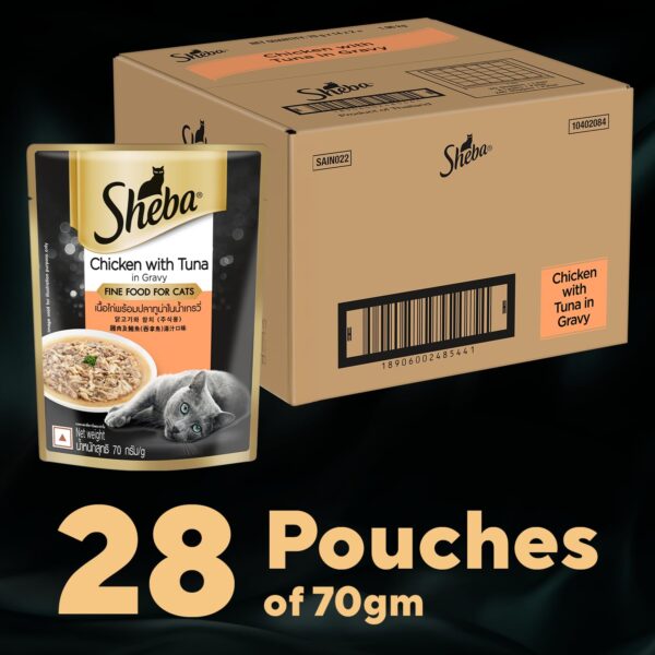71wJbxgJRTL._SL1500_.jpg Sheba Fine Premium Adult (1+ Years) Wet Cat Food, Chicken with Tuna in Gravy, 70 g Pouch (Pack of 28), High-Moisture Gravy cat Food for Healthy Hydration