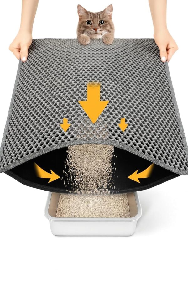 Cat Litter Mat Litter Box Mat, EVA Honeycomb Double Layer Design, Urine & Waterproof, Scatter Control Kitty Litter Mat, Less Waste, Easier To Clean,Washable (Gray, 60 x 40cm)