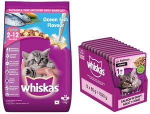 Whiskas Wet Food for Adult Cats (1+Years), Salmon in Gravy Flavour, 12 Pouches (12 x 85g) & Whiskas Kitten (2-12 Months) Dry Cat Food Food, Ocean Fish, 1.1kg Pack