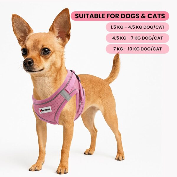 71wY6gzLqSL._SL1500_.jpg WOOFLIX Dog Harness for Small Dogs, Puppies and Cats | Suitable for Small Size Dogs, Cats & Puppies of 4.5kg-7kg | Reflective Soft Padded Dog Harness with Secure Fit | Pink (4.5kg-7kg Dog & Cat)