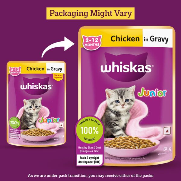 71xIulrfWXL._SL1200_.jpg Whiskas Junior Kitten (2-12 Months) Wet Cat Food, Chicken in Gravy, 80 g (Pack of 14), Hydrating Food Made With Real Chicken, 100% Complete & Balanced Nutrition for Kittens