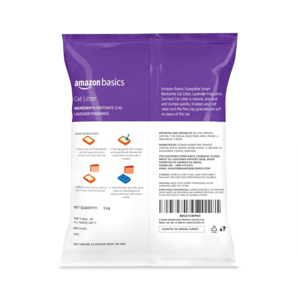 Amazon Basics Scoopable Smart White Bentonite Scented Cat Litter | 10 Kg | 5 Kg X 2 Packs | Organic | Bentonite From Turkey | Dust-Free | Lavender Fragrance
