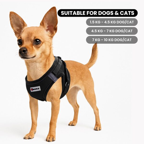 71xgxQ98qL._SL1500_.jpg WOOFLIX Dog Harness for Small Dogs, Puppies and Cats | Suitable for Small Size Dogs, Cats & Puppies of 7 kg - 10 kg | Reflective Soft Padded Dog Harness with Secure Fit | Black (7 kg-10 kg Dog & Cat)