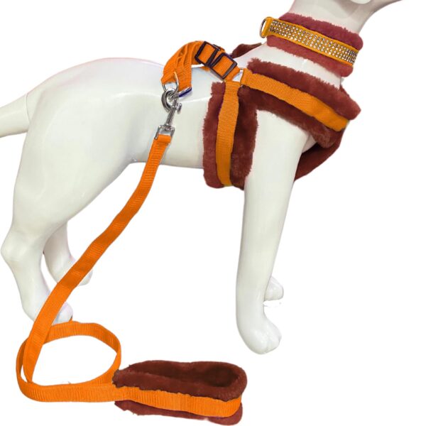 Dog Fur Harness, Collar & Leash Combo Set, Adjustable Size | for 36-45 Kilogram Dogs (XL, Orange-Brown)