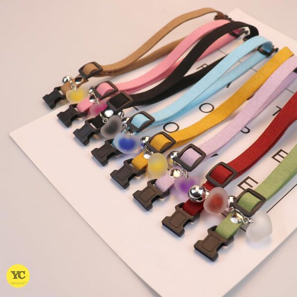 YellowCult Fancy & Comfortable Pet Collars for Cats, Puppies, Small Dogs, Fat Rabbits with Adjustable Size, Bell, Resin Heart & Buckle Safety Lock-[Suede Leather] - [Red]