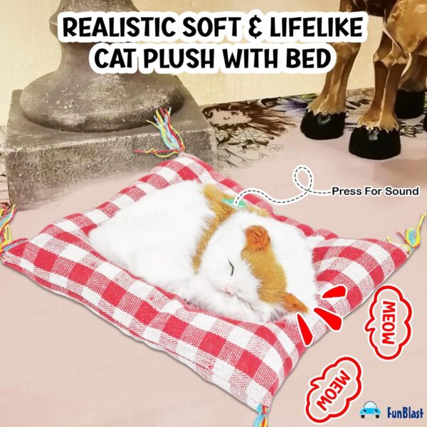 FunBlast Cute Sleeping Cat Plush Toy with Meow Sound, Toy Accessories for Car Dashboard, Gift for Kids, Realistic Cat Pet Toy (White+Brown)