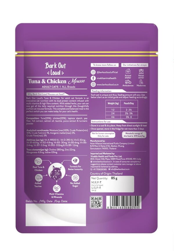 81-8IsM-pkL._SL1500_.jpg BARK OUT LOUD- Wet Adult Cat Food | Fresh Tuna & Chicken | Taurine | Salmon Oil- Omega Taurine| Gravy Cat Food for All Breeds | Pack of 6 (85 G x 6)