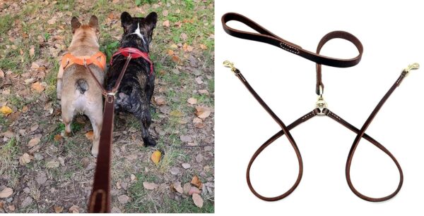 Hachiko:-Heavy Duty Double Leather Dog Leads Pet Leash for 2 Dogs(Brown)