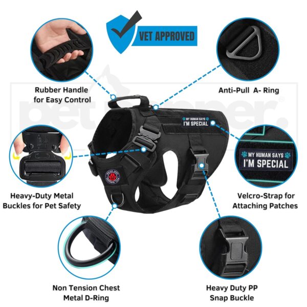 Premium Dog Harness - Military Standard Metal Buckles || Free Velcro Patches || No-Pull Dog Vest || Breathable Mesh || Oxford Fabric || For All Dog Breeds (Black, L), Large