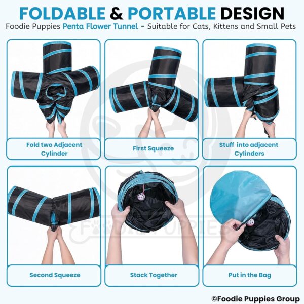 Foodie Puppies Interactive Foldable Hiding 5-Way Straight Tunnel with Hanging Ball for Cats (Penta Flower Tunnel) | Puzzle & Training Cave Suitable for Cat, Kitten, Rabbit, Guinea Pig & Puppies