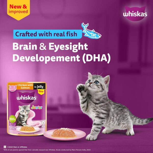 811l7zIfUzL._SL1500_.jpg Whiskas Junior Kitten (2-12 Months) Wet Cat Food, Chicken with Salmon in Jelly, 80 g x 28, Hydrating Food Made with Real Fish, 100% Complete & Balanced Nutrition for Kittens