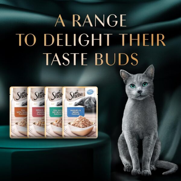 Sheba Rich Premium Adult (1+ Years) Wet Cat Food, Fish with Dry Bonito Flavour, 35 g Pouch (Pack of 12), High-moisture wet food for healthy hydration
