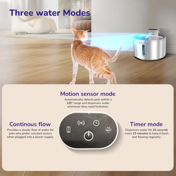 Motion Sensor Stainless Steel Pet Water Fountain for Cats & Dogs - 4L, Wireless, Battery Operated, 3 Modes Operation - Sensor, Timer & Continuous Flow, Triple Filtration System, 12M Warranty