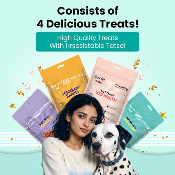 812JLnv5IWL._SL1500_.jpg BARK OUT LOUD by Vivaldis Premium Dog Treat Box | Premium 4-in-1 Assorted Dog Treats | Healthy, Tasty, High Protein Snacks for Puppies, Adult & Senior Dogs | Training Treats for All Breeds 400 GMS