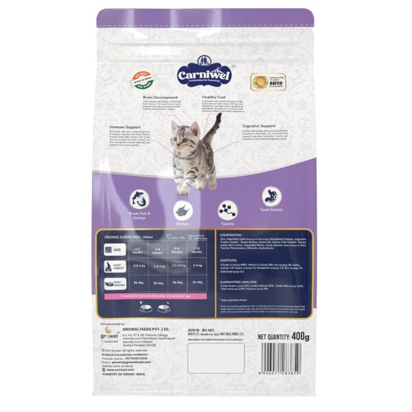 8152GeYEmVL._SL1500_.jpg Carniwel Fresh Fish & Shrimp Kitten Dry Cat Food 400 gm | Fresh & Natural Ingredients | Highly Palatable | Supports Healthy Skin & Glossy Coat | Premium Nutrition