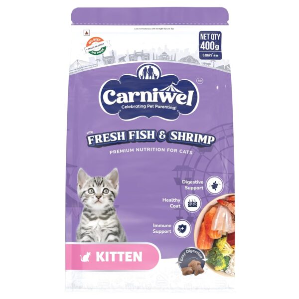 Carniwel Fresh Fish & Shrimp Kitten Dry Cat Food 400 Carniwel Fresh Fish & Shrimp Kitten Dry Cat Food 400 gm | Fresh & Natural Ingredients | Highly Palatable | Supports Healthy Skin & Glossy Coat | Premium Nutrition