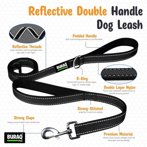 815tdRqDsgL._SL1500_.jpg Buraq 6FT Reflective Double Handle Dog Leash, Dual Padded Handles for Control & Comfort, Strong Clip Lead for Walking, Training & Safety