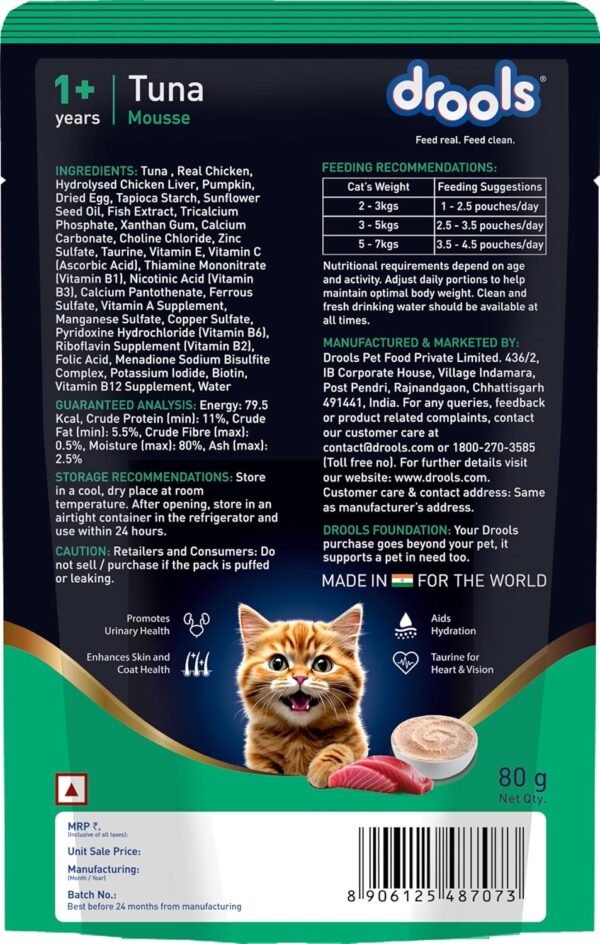 Drools Adult Cat Wet Mousse 80gm | Tuna | Rich in Protein, Promotes Hydration & Easy to Digest | Grain Free, No Artificial Flavours | Packed with Essential Vitamins & Antioxidants