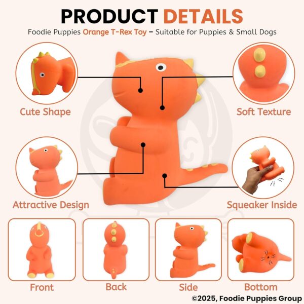 816YSAHLmWL._SL1500_.jpg Foodie Puppies Dog Squeaky Chew Latex Rubber Toy - (Orange T-Rex) for Small Dogs & Puppies | Durable, Soft, Animal Design, Fetch & Chew Safe Play Toy | Reduce Separation Anxiety