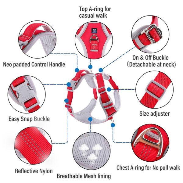 HANK Dog Harness | 3M Reflective | Strong Metal Hook | Dog Chest Belt for Large Dogs | No Pull Harness for Walking, Training (Red - Grey - L (23-35Kg)