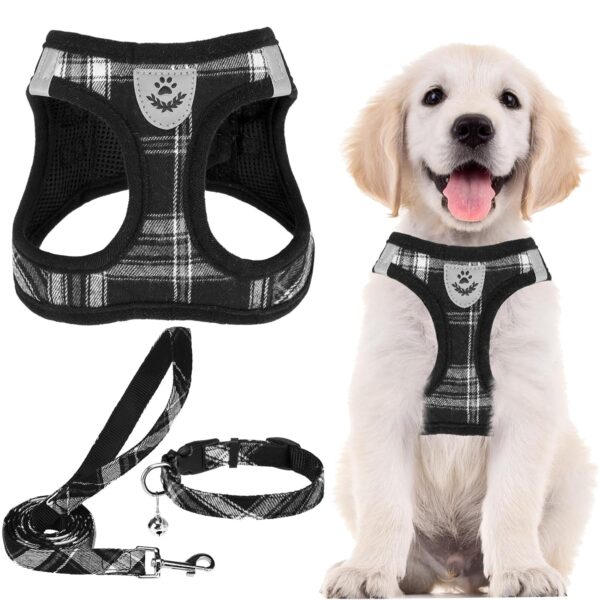 Pupteck Adjustable No-Pull Dog Harness, Collar and Leash Set for Small Medium Dogs, Puppies and Cats, Soft Mesh Padded Reflective Chest Strap for Walking and Training (Black, S (Chest 14.5"–16"))