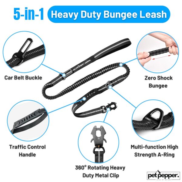 819AVUGN3hL._SL1500_.jpg 5-in-1 Dog Leash - 6 ft Heavy Duty Shock Absorbing Bungee Dog Leash || Highly Reflective Belt with Traffic Handle || Military Grade Metal Clip || Car Seatbelt Buckle (Black)