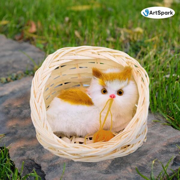 Cute Cat in Basket Toy – Plush Cat with Wool Ball for Kids, Realistic Sitting Cat Pet Toys for Girls & Boys Home Décor & Gifting