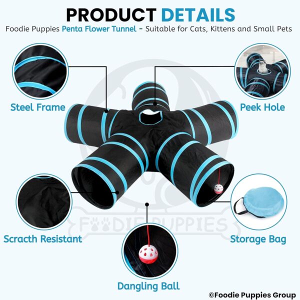 Foodie Puppies Interactive Foldable Hiding 5-Way Straight Tunnel with Hanging Ball for Cats (Penta Flower Tunnel) | Puzzle & Training Cave Suitable for Cat, Kitten, Rabbit, Guinea Pig & Puppies