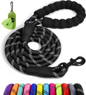 Taglory Rope Dog Leash 4 FT with Comfortable Padded Handle, Taglory Rope Dog Leash 4 FT with Comfortable Padded Handle, Highly Reflective Threads Dog Leash for Medium Dogs, 3/8 inch, Black