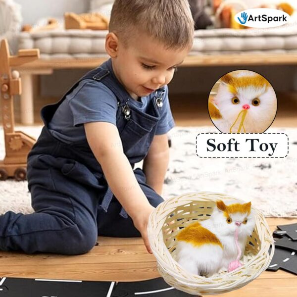 Cute Cat in Basket Toy – Plush Cat with Wool Ball for Kids, Realistic Sitting Cat Pet Toys for Girls & Boys Home Décor & Gifting