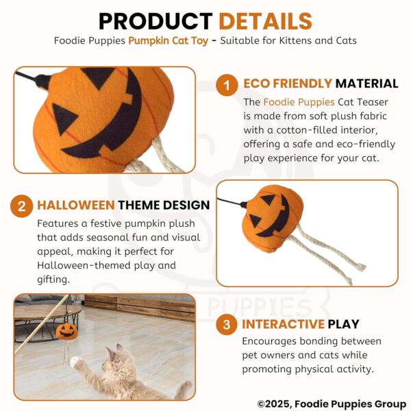 Foodie Puppies Cat Teaser Playing Wooden Stick Halloween Plush Toy (Pumpkin, 41cm) for Cats and Kittens | Interactive Bell Hanging Wood Wand | Fun Teasing, Catching, Chasing and Bonding Play
