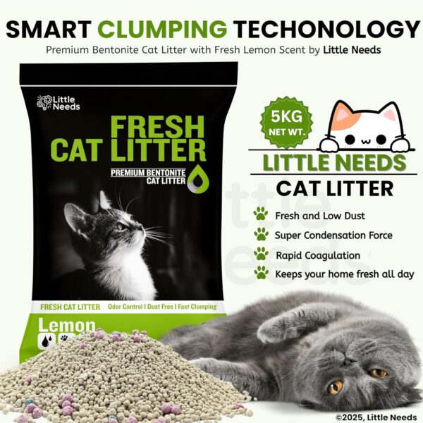 Natural Bentonite Cat Litter Sand - 5Kg with Lemon Fragrance for Cats and Kittens | Clean Low-dust Strong Deodorant Litter Tray Refill with Odour Controlling and Instant Clumping