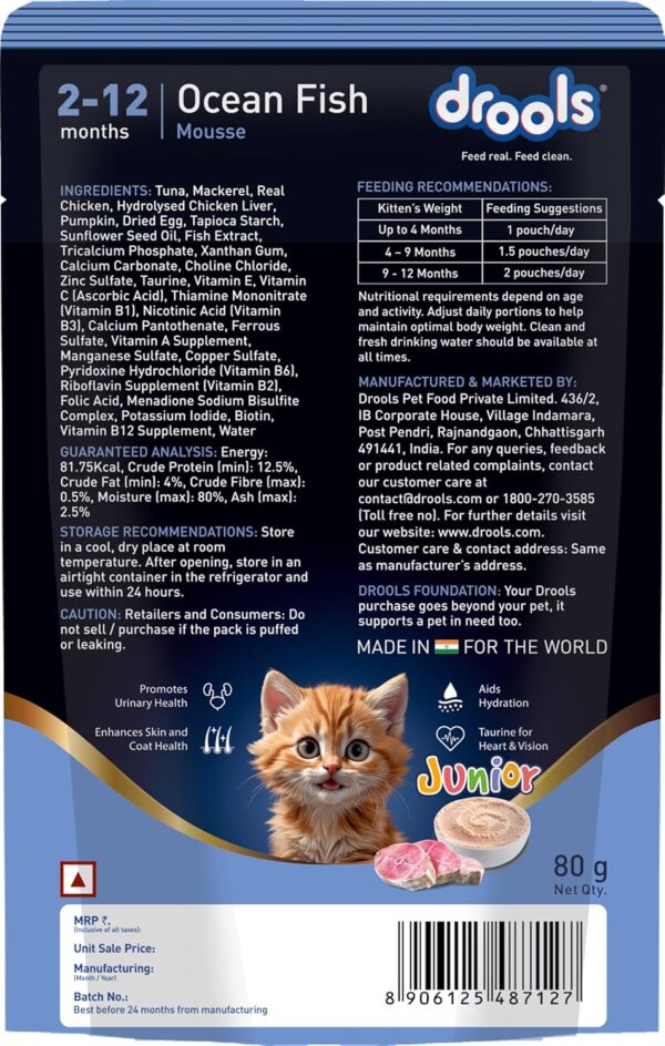 Drools Kitten Cat Wet Mousse 80gm | Ocean Fish | Rich in Protein, Promotes Hydration & Easy to Digest | Grain Free, No Artificial Flavours |Packed with Essential Vitamins & Antioxidants