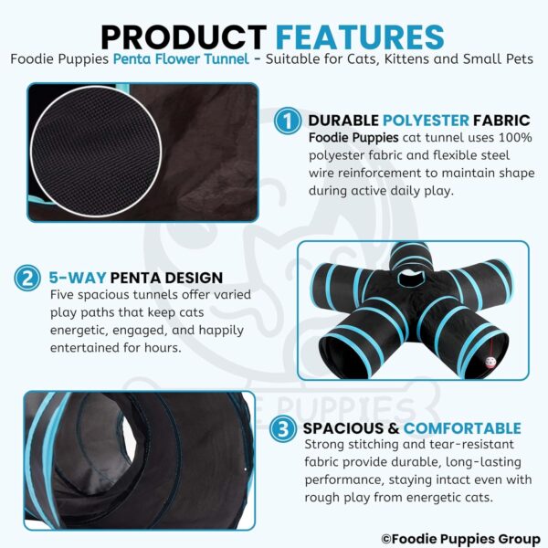 Foodie Puppies Interactive Foldable Hiding 5-Way Straight Tunnel with Hanging Ball for Cats (Penta Flower Tunnel) | Puzzle & Training Cave Suitable for Cat, Kitten, Rabbit, Guinea Pig & Puppies