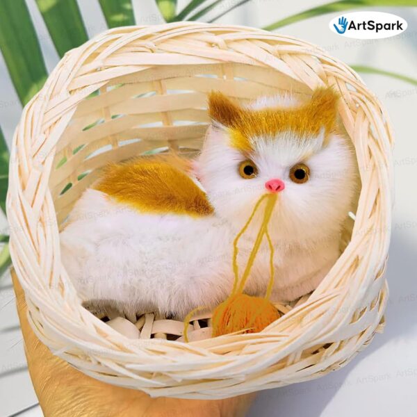 Cute Cat in Basket Toy – Plush Cat with Wool Ball for Kids, Realistic Sitting Cat Pet Toys for Girls & Boys Home Décor & Gifting