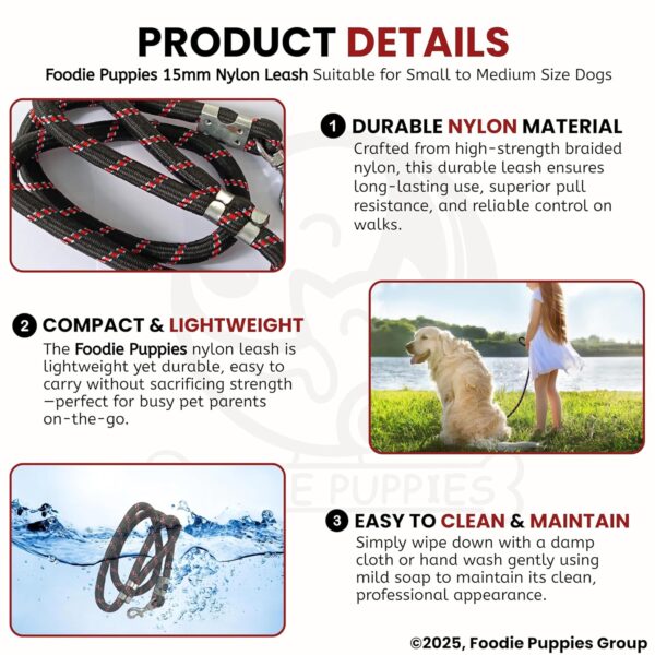 Foodie Puppies Dog Training Walking Rope - Nylon Leash (15mm) for Small to Medium Sized Dogs With Strong Hook - Color May Vary