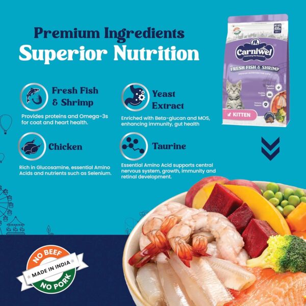 81HS1XV1hgL._SL1500_.jpg Carniwel Fresh Fish & Shrimp Kitten Dry Cat Food 400 gm | Fresh & Natural Ingredients | Highly Palatable | Supports Healthy Skin & Glossy Coat | Premium Nutrition