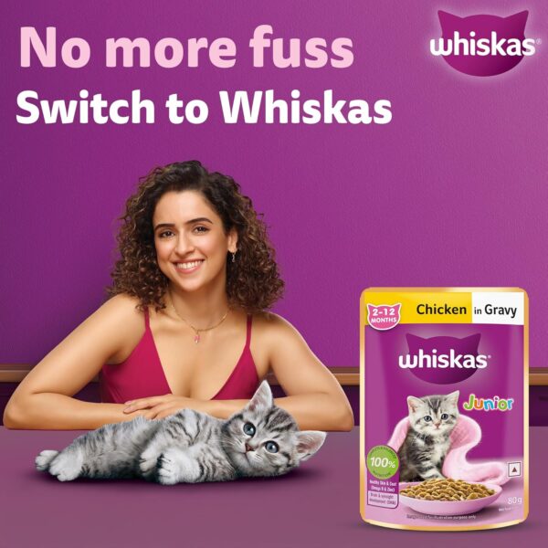 81I221d5bqL._SL1500_.jpg Whiskas Junior Kitten (2-12 Months) Wet Cat Food, Chicken in Gravy, 80 g (Pack of 14), Hydrating Food Made With Real Chicken, 100% Complete & Balanced Nutrition for Kittens