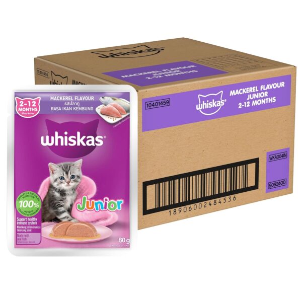 Whiskas Junior Kitten (2-12 Months) Wet Cat Food, Mackeral Flavour, 80 g x 28, 100% Complete & Balanced Nutrition, Supports Healthy Immune System