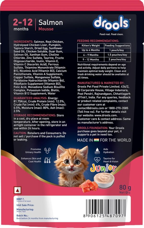 Drools Kitten Cat Wet Mousse 80gm | Salmon | Rich in Protein, Promotes Hydration & Easy to Digest | Grain Free, No Artificial Flavours | Packed with Essential Vitamins & Antioxidants
