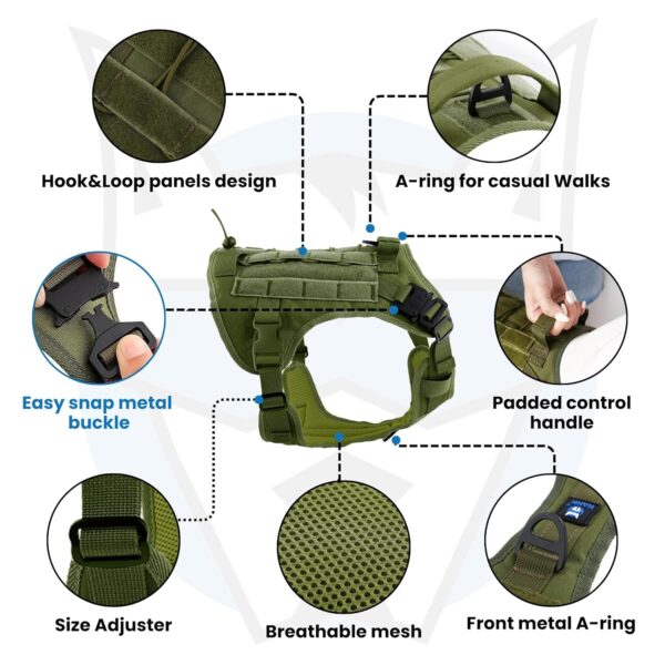 81MX8Y58ZL._SL1500_.jpg HANK Tactical Dog Harness - No Pull Heavy Duty - 1600D Oxford Nylon - Adjustable Dog Chest Belt - 2 Metal Buckle - Dog Vest for Training, Walking & Outdoor Adventure (Tactical Green, S - Harness)