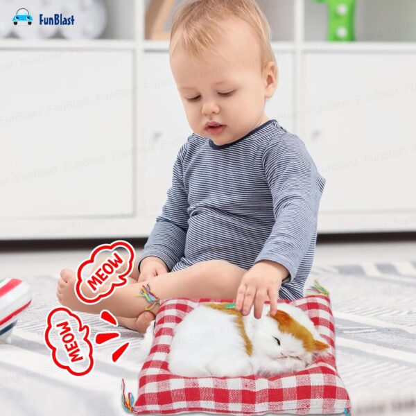 FunBlast Cute Sleeping Cat Plush Toy with Meow Sound, Toy Accessories for Car Dashboard, Gift for Kids, Realistic Cat Pet Toy (White+Brown)