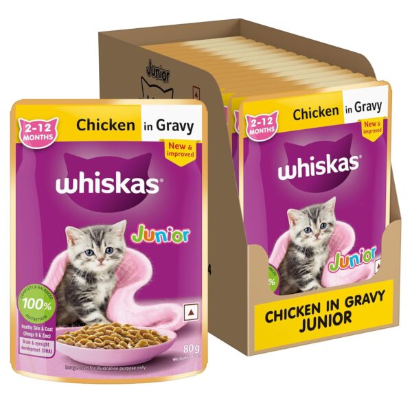 Whiskas Junior Kitten (2-12 Months) Wet Cat Food, Chicken in Whiskas Junior Kitten (2-12 Months) Wet Cat Food, Chicken in Gravy, 80 g (Pack of 14), Hydrating Food Made With Real Chicken, 100% Complete & Balanced Nutrition for Kittens