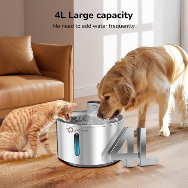 Motion Sensor Stainless Steel Pet Water Fountain for Cats & Dogs - 4L, Wireless, Battery Operated, 3 Modes Operation - Sensor, Timer & Continuous Flow, Triple Filtration System, 12M Warranty