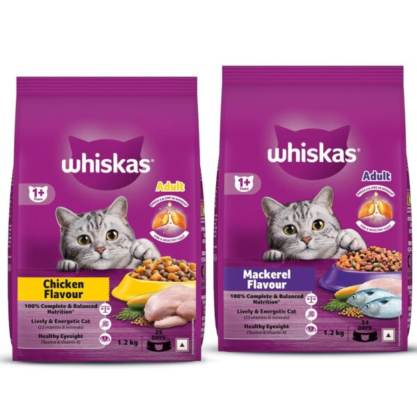 81QQlE1ciLL._SL1500_.jpg Whiskas Adult (+1 Year) Dry Cat Food, Chicken Flavour, 1.2kg Pack & Whiskas Adult (+1 Year) Dry Cat Food, Mackerel Flavour, 1.2kg Pack