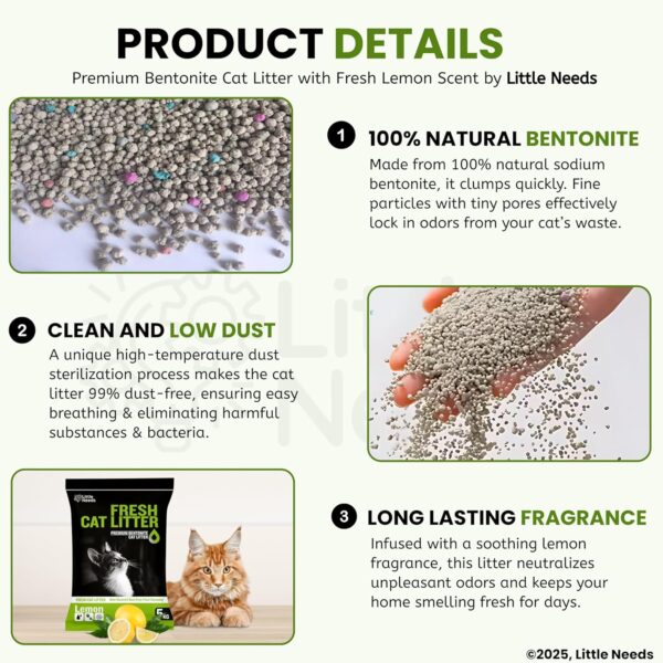 Natural Bentonite Cat Litter Sand - 5Kg with Lemon Fragrance for Cats and Kittens | Clean Low-dust Strong Deodorant Litter Tray Refill with Odour Controlling and Instant Clumping