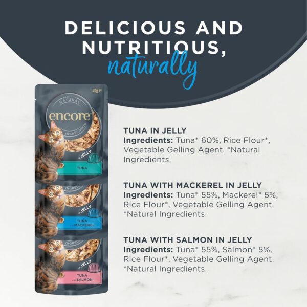 81R95C4ZPaL._SL1500_.jpg Encore Natural Wet Cat Food Tuna Multipack with Fish Selection in 50g Jelly Bag (Pack of 20 Bags) (Packaging May Vary)