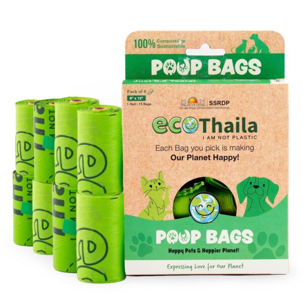 Compostable Poop Bags for Dogs & Cats | Pack of 8 (120 bags) | Biodegradable & Eco-Friendly | Waste/Litter Poop Bag | Strong & Leak-Proof Potty Picker | Green Colour - 9 x 13 Inches
