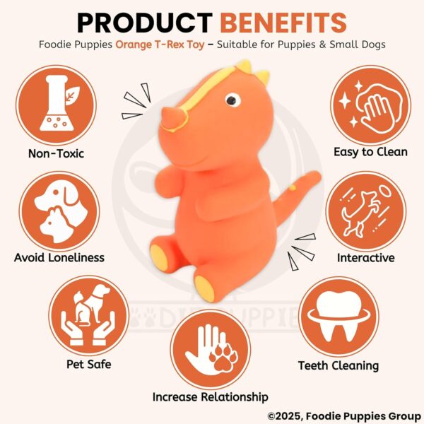 81StROy9y2L._SL1500_.jpg Foodie Puppies Dog Squeaky Chew Latex Rubber Toy - (Orange T-Rex) for Small Dogs & Puppies | Durable, Soft, Animal Design, Fetch & Chew Safe Play Toy | Reduce Separation Anxiety